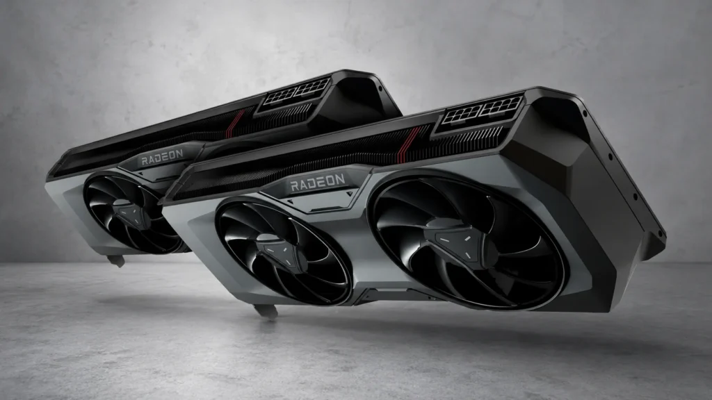 Dual-fan Radeon graphics card shown from a low-angle perspective.