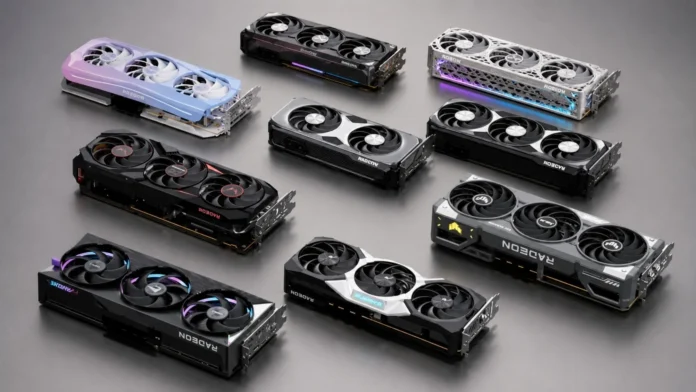 Multiple Radeon graphics cards displayed together in different custom designs.
