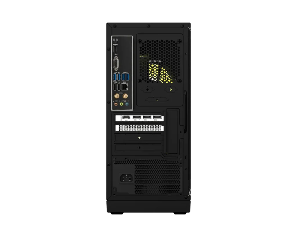 Rear view of the MSI MAG Infinite Z gaming desktop showing motherboard I/O ports, graphics outputs, networking, and expansion slots