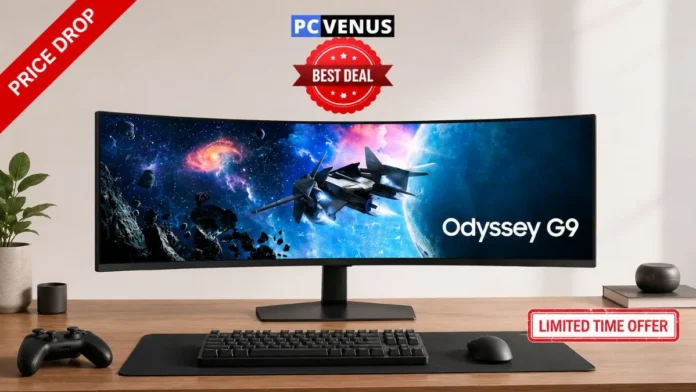 Samsung Odyssey G9 49-inch curved gaming monitor displayed on a desktop setup
