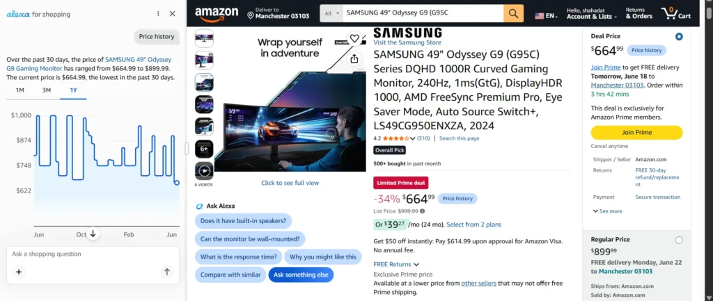 Price history chart for the Samsung Odyssey G9 gaming monitor on Amazon