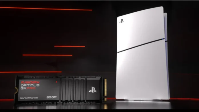 SanDisk Optimus GX PRO 850P 8TB SSD positioned next to a PlayStation 5 console.