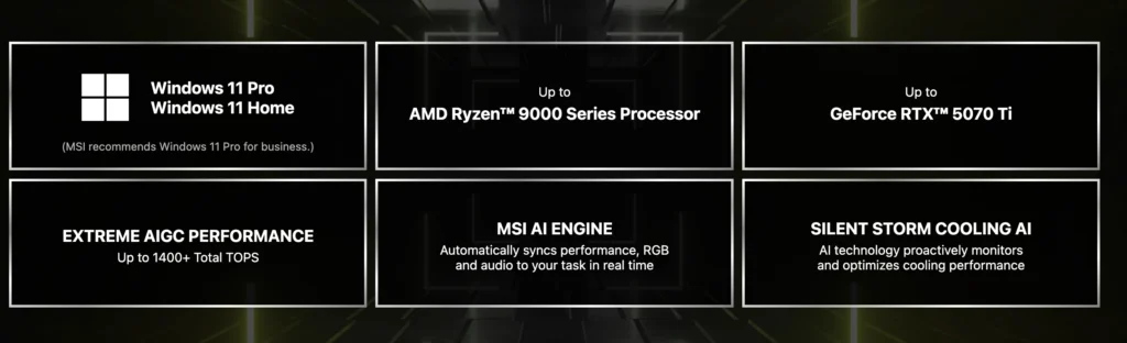 MSI MAG Infinite Z feature overview showing AMD Ryzen 9000 processor support and NVIDIA GeForce RTX 5070 Ti graphics