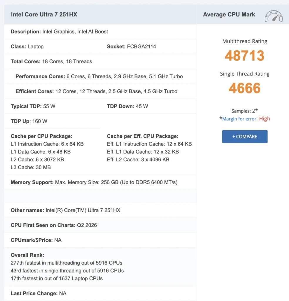 Intel Core Ultra 7 251HX specifications, core configuration, cache, and benchmark scores