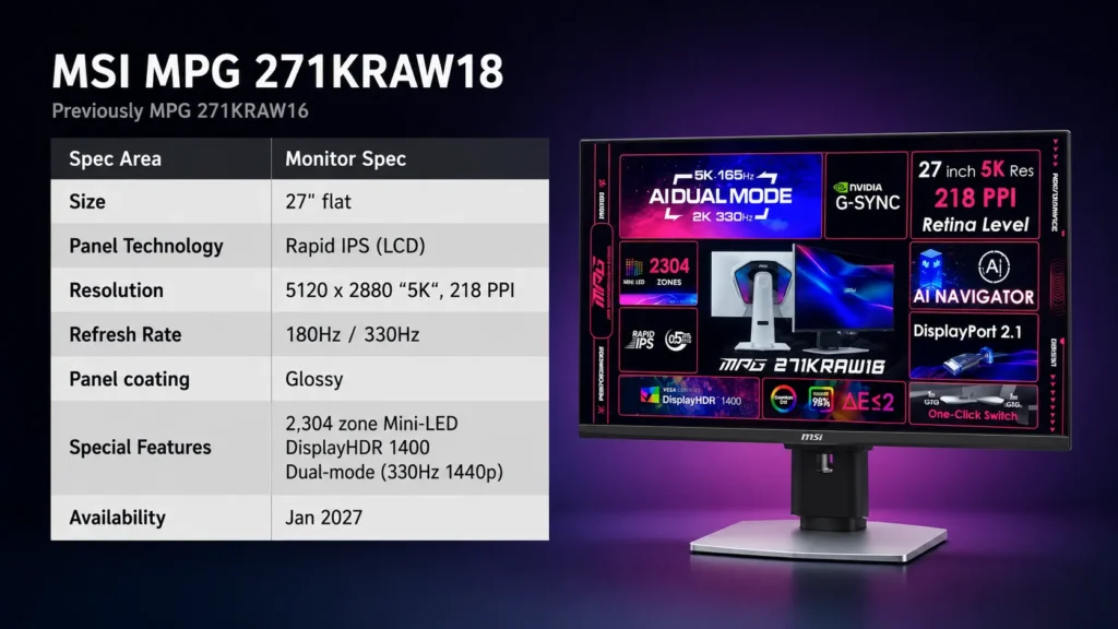 MSI showcases MPG 271KRAW18 Monitor With 5K 180Hz and 330Hz Gaming Mode 2 Specification chart highlighting the MSI MPG 271KRAW18 monitor features and display capabilities