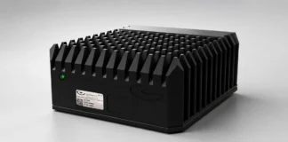 Spectra Release XSR Spire Fanless Mini PC with Intel Xeon CPU Front angled view of the Spectra XSR Spire rugged embedded computing unit with passive cooling fins.