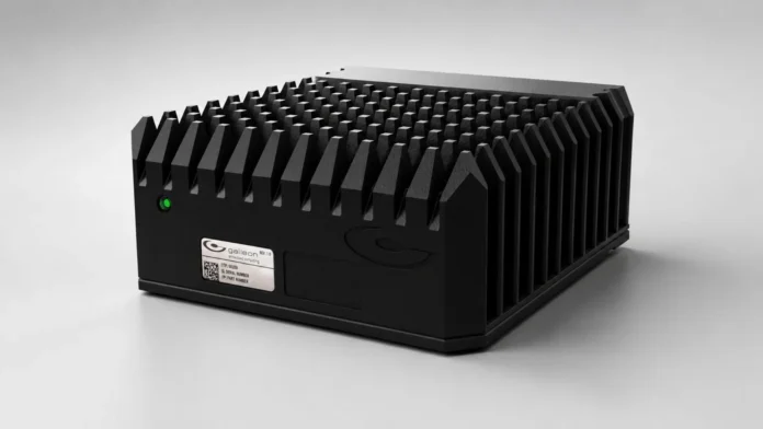 Front angled view of the Spectra XSR Spire rugged embedded computing unit with passive cooling fins.