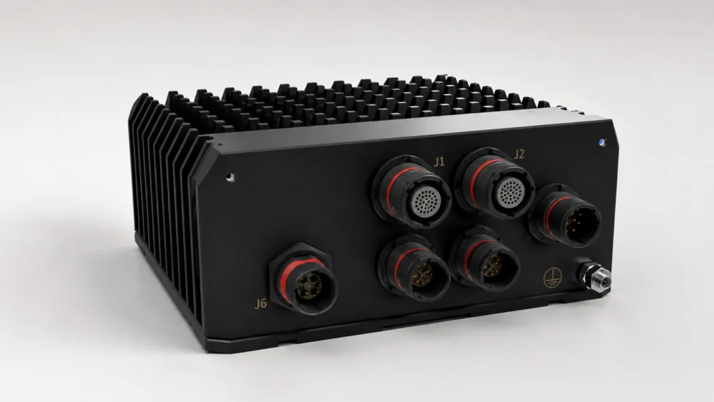 Rear view of the Spectra XSR Spire showing rugged circular connectors and interface ports.