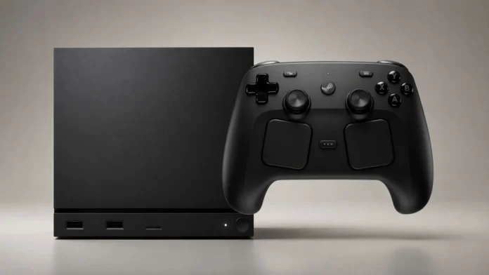Compact Steam Machine gaming console paired with a wireless Steam Controller on a neutral background