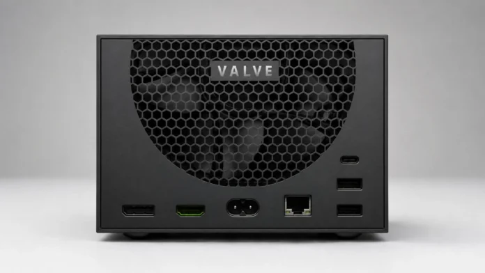 Rear view of the Steam Machine showing HDMI 2.1, DisplayPort, USB ports, Ethernet, USB-C, and power connector