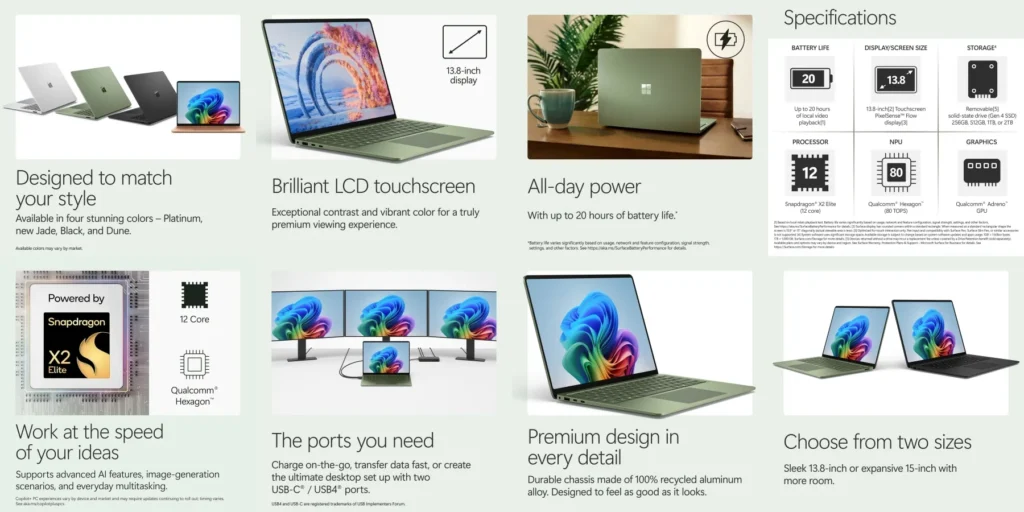Microsoft Surface Laptop 8 13.8-inch with Snapdragon X2 Elite platform, touchscreen display, and lightweight aluminum chassis