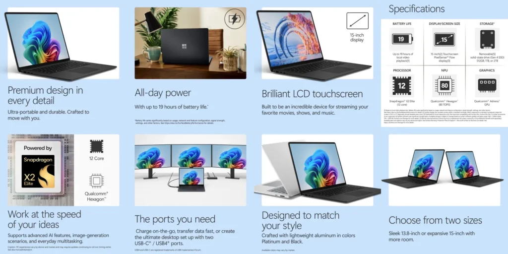 Microsoft Surface Laptop 8 15-inch featuring a Snapdragon X2 Elite processor, 15-inch touchscreen display, and premium aluminum design