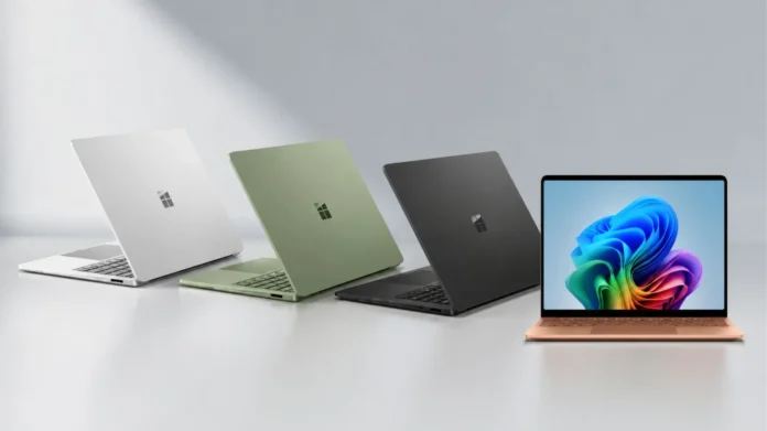 Microsoft Surface Laptop 8 shown in multiple color options including Platinum, Jade, Black, and Dune