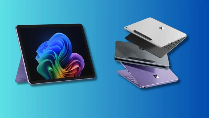 Microsoft Surface Pro 12-inch 2-in-1 tablet shown with keyboard accessories and multiple color variants