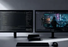 Surface RTX Spark Dev Box Packs 128GB Memory and Blackwell Graphics Surface RTX Spark Dev Box connected to dual monitors in a development workspace