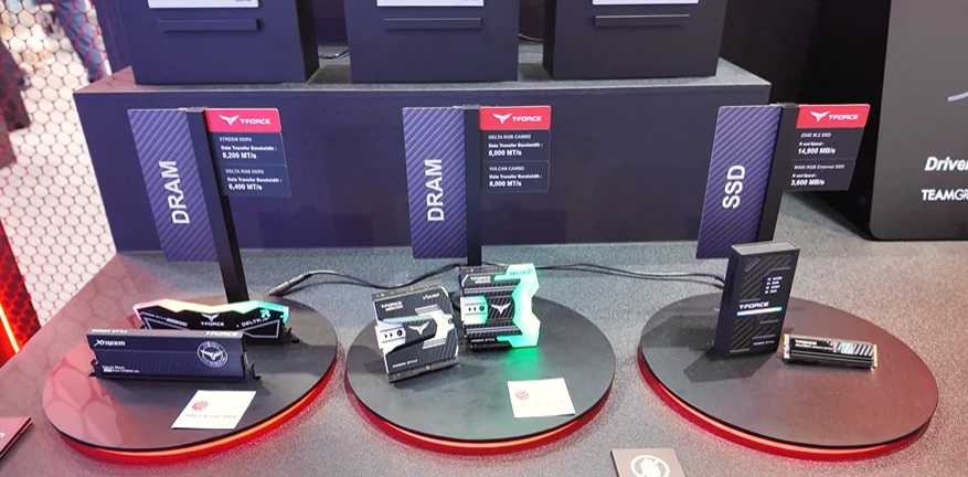 TEAMGROUP Computex 2026 display featuring T-FORCE DDR5 memory and high-speed SSD products