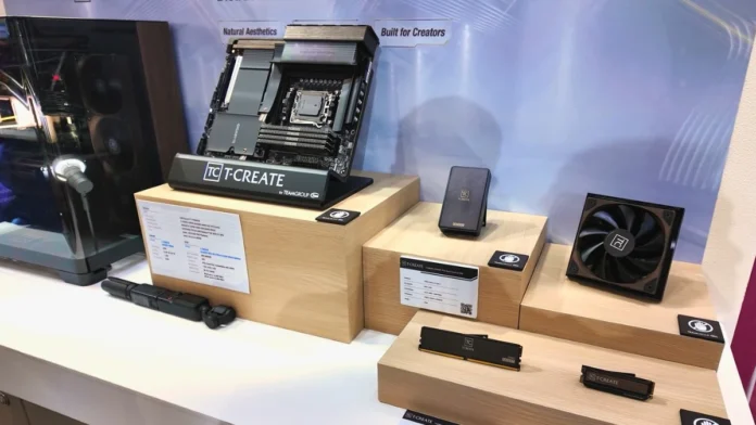 TEAMGROUP T-CREATE creator-focused hardware showcase featuring motherboard, DDR5 memory, SSD, and cooling solutions at Computex 2026