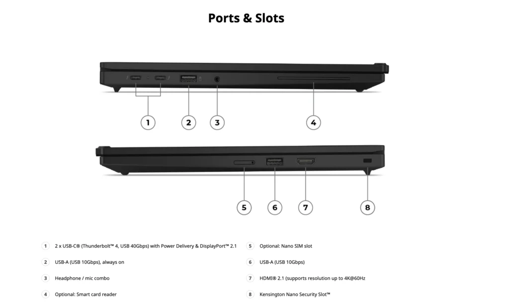 Side profile of the Lenovo ThinkPad L13 Gen 7 showing Thunderbolt 4, USB-A, HDMI and optional smart card connectivity