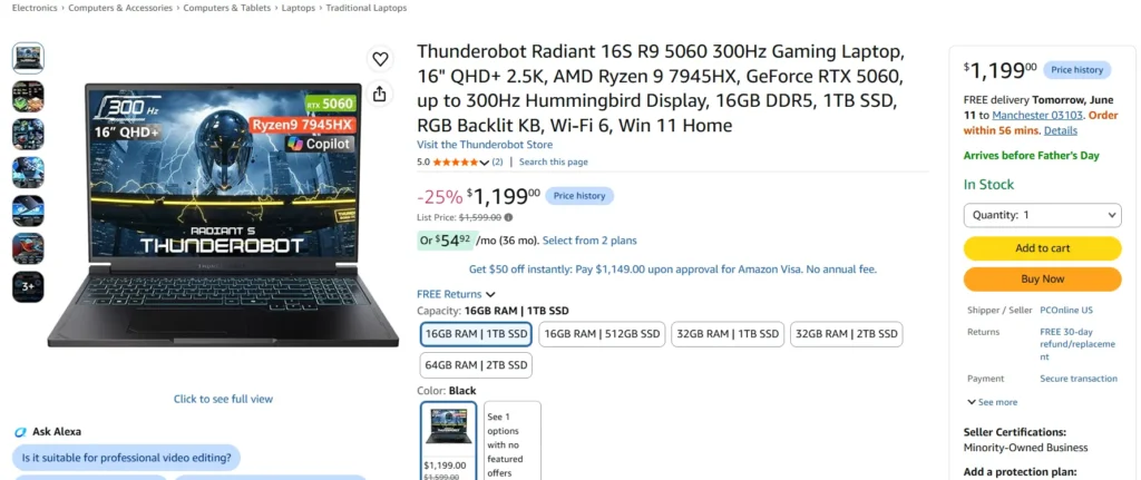Laptop Deal | Thunderobot Radiant 16S (RTX 5060) Gaming Laptop Gets $400 Off 1 Thunderobot Radiant 16S RTX 5060 Amazon deal listing