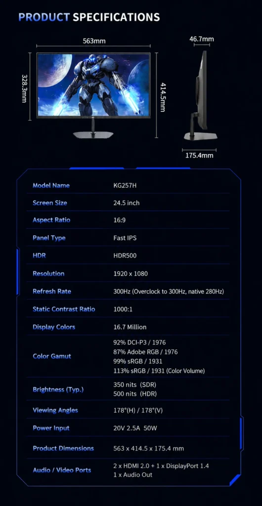 Titan Legion KG257H specifications showing display size, refresh rate, HDR500, ports, and dimensions