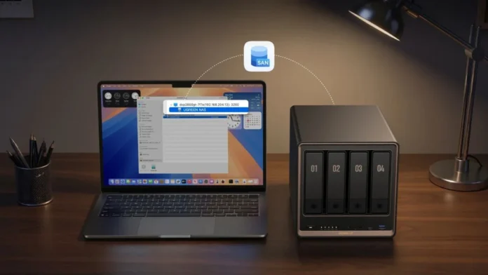 UGREEN NASync DXP4800 GT with MacBook UGREEN NASync DXP4800 GT network-attached storage connected to a MacBook for centralized file access and storage management