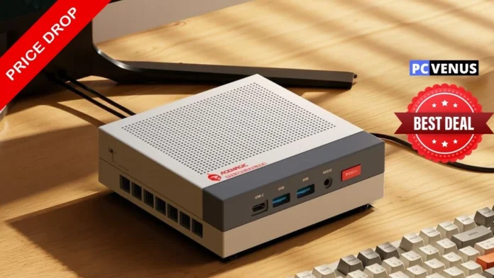 ACEMAGIC Retro X3 mini PC featuring an AMD Ryzen processor and Radeon graphics displayed on a desktop setup with a discounted price offer