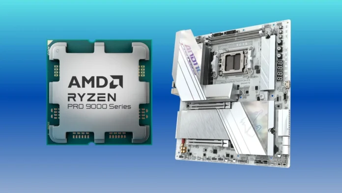 AMD Ryzen 9 PRO 9000 Series processor shown beside an X870 motherboard for the AM5 platform