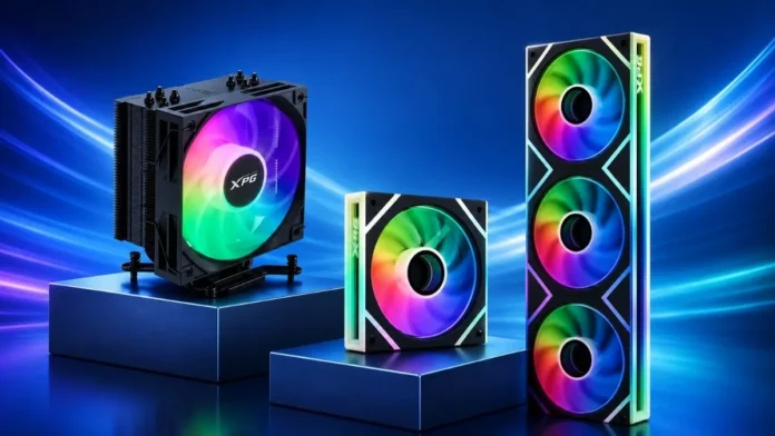 XPG INFINITY ARGB fans and MAESTRO air coolers displayed together for PC cooling solutions