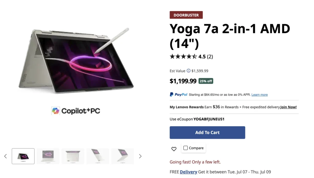Laptop Deal: Lenovo Yoga 7a 2-in-1 Gets $440 Discount, Drops to $1,159 1 Lenovo Yoga 7a 2-in-1 AMD laptop product page showing discounted pricing and Copilot+ PC branding