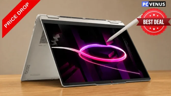 Lenovo Yoga 7a 2-in-1 AMD laptop in tent mode with stylus during a limited-time price drop promotion
