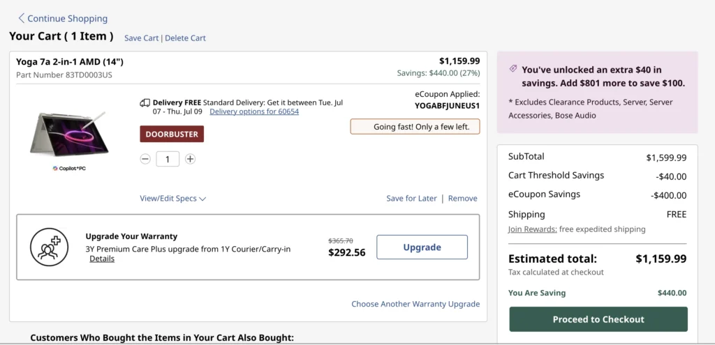 Laptop Deal: Lenovo Yoga 7a 2-in-1 Gets $440 Discount, Drops to $1,159 2 Shopping cart page showing Lenovo Yoga 7a 2-in-1 AMD laptop with coupon savings and discounted checkout total