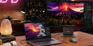 Lenovo Releases Yoga Pro 7 With Up to 48GB VRAM Lenovo Yoga Pro 7 connected to an external monitor in a content creation and productivity workspace