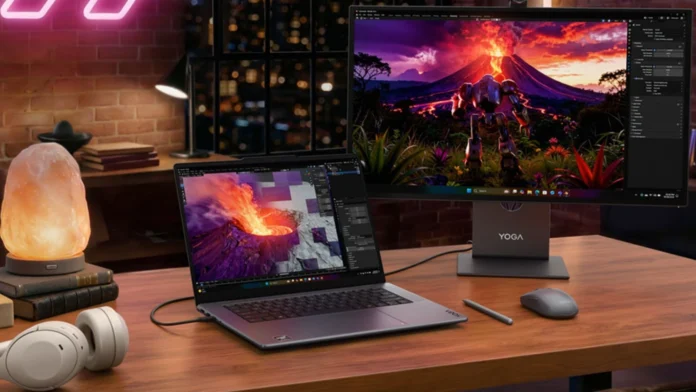 Lenovo Yoga Pro 7 connected to an external monitor in a content creation and productivity workspace