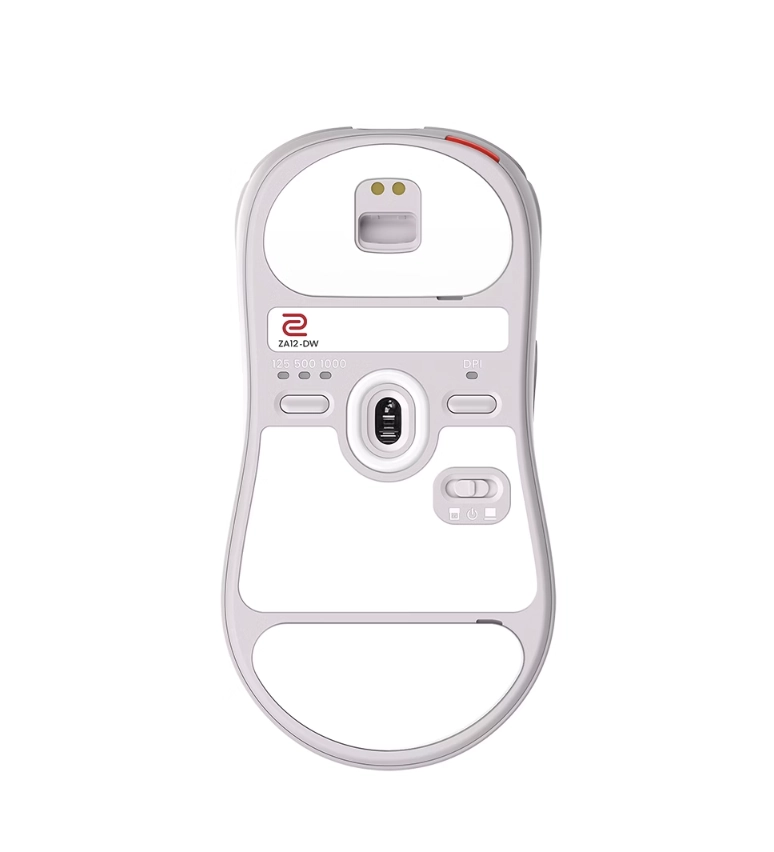 Bottom view of the ZOWIE ZA12-DW wireless gaming mouse with sensor and DPI controls
