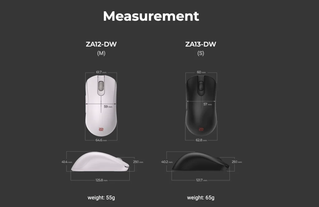 Dimensions and weight comparison of the ZOWIE ZA12-DW and ZA13-DW wireless mice