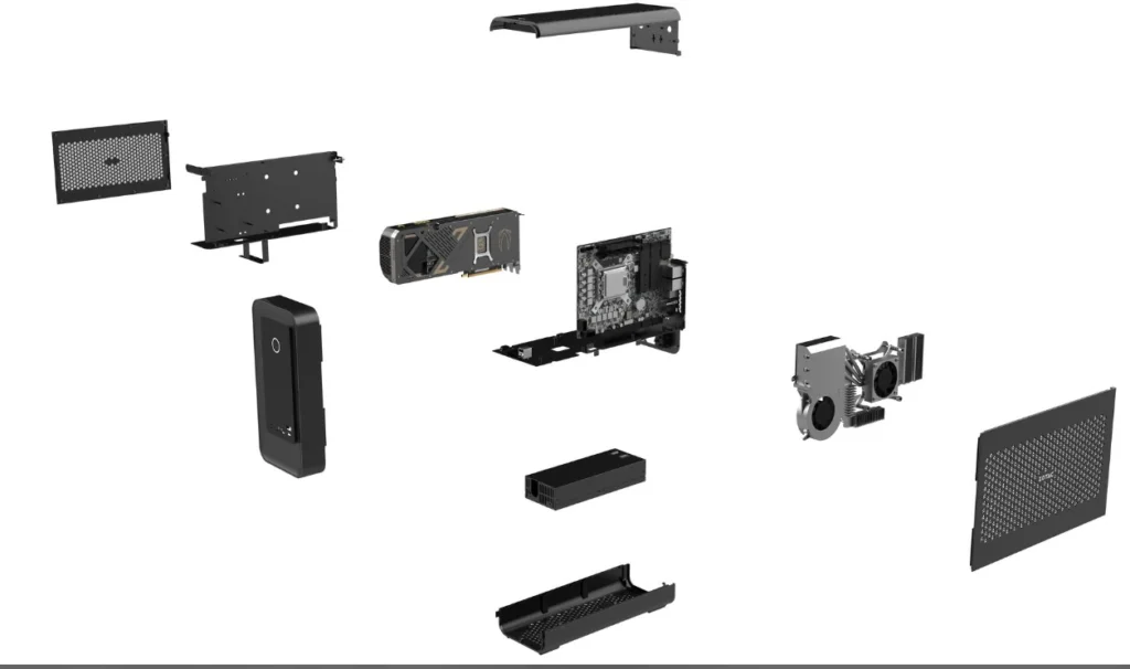 Exploded view of the ZOTAC MAGNUS One Ultra showing chassis panels, graphics card, motherboard, cooling system, and power supply