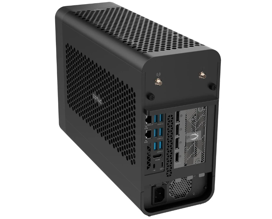 ZOTAC MAGNUS One Ultra rear panel showing USB ports, DisplayPort, HDMI, Ethernet, and power connector