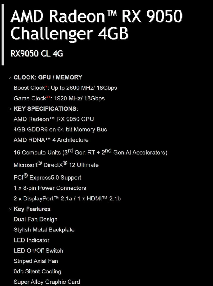 Rear view of the ASRock Radeon RX 9050 Challenger graphics card showing its metal backplate and cooling design.