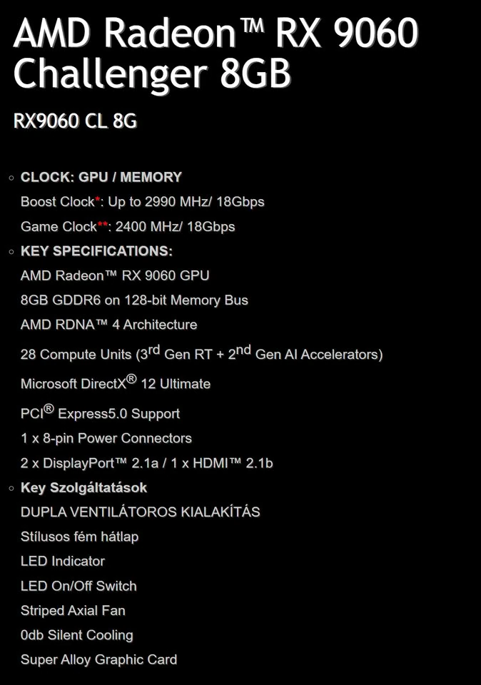 Specification comparison of the ASRock Radeon RX 9050 Challenger 4GB and Radeon RX 9060 Challenger 8GB graphics cards.