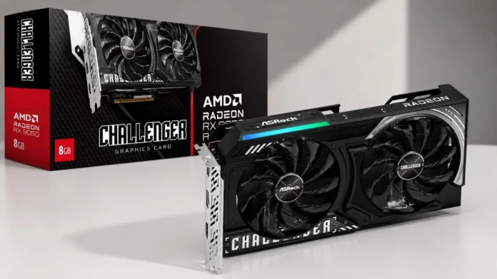 ASRock Radeon RX 9050 Challenger graphics card placed in front of its retail packaging.