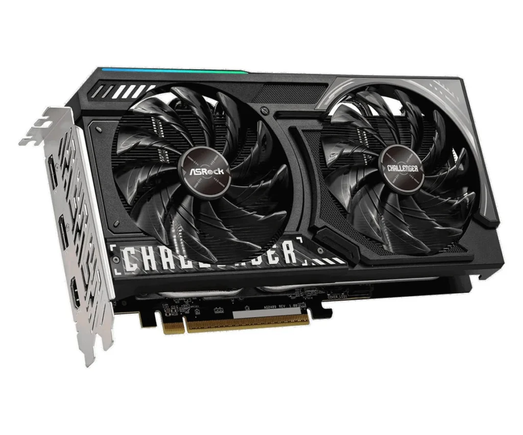 Front view of the ASRock Radeon RX 9050 Challenger graphics card with dual cooling fans