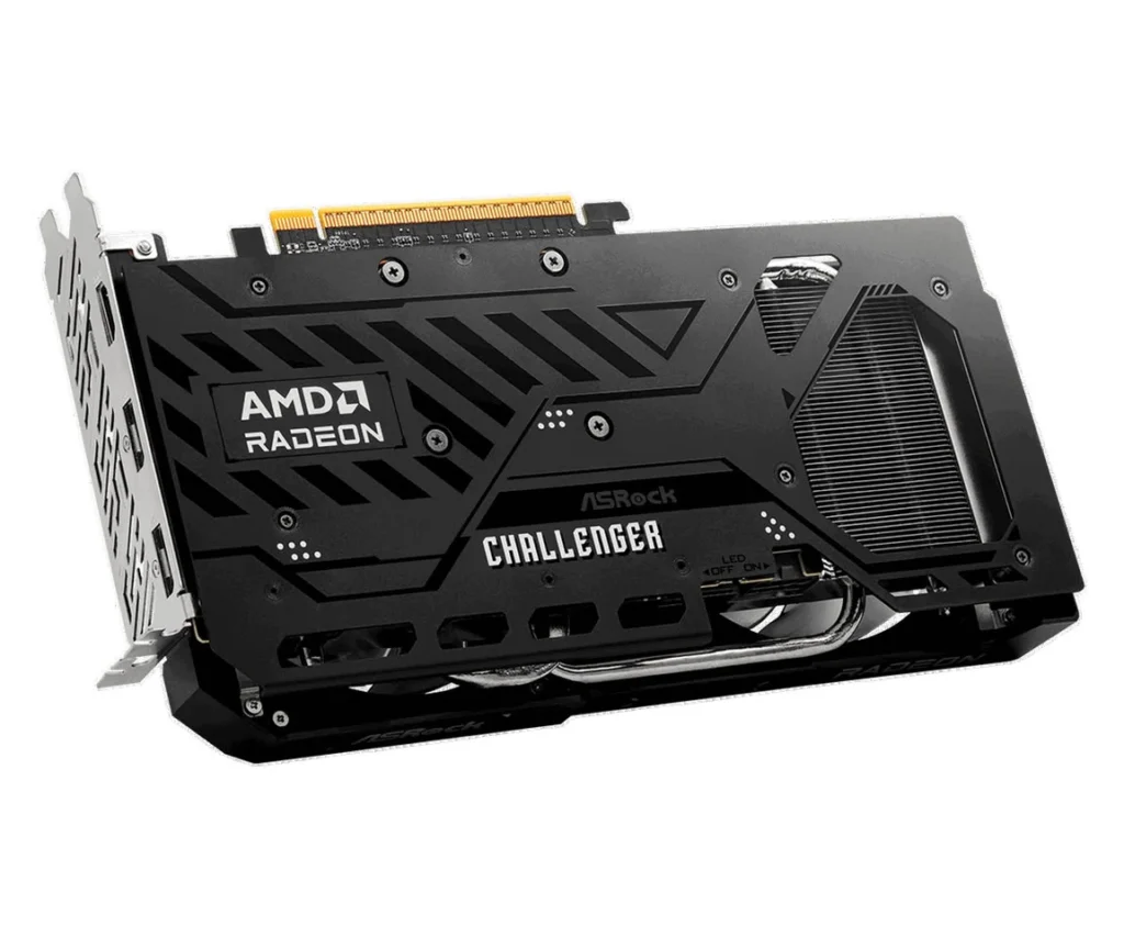Rear view of the ASRock Radeon RX 9050 Challenger graphics card showing its metal backplate and cooling design.