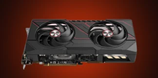 AMD RDNA 5 Radeon RX 10000 Graphics Cards Specifications Leak Front view of the isolated dual-fan black AMD Radeon graphics card showing its fan blades and red accent stripes on a custom red gradient backdrop.