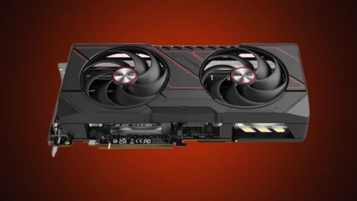 Front view of the isolated dual-fan black AMD Radeon graphics card showing its fan blades and red accent stripes on a custom red gradient backdrop.