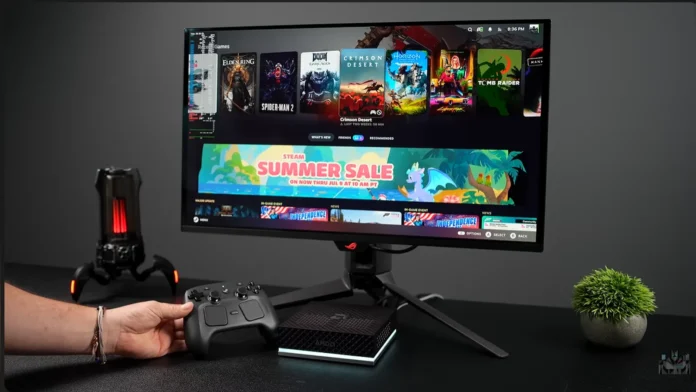 Desktop gaming setup with a monitor running SteamOS, a black AMD Ryzen AI mini PC, and a controller.