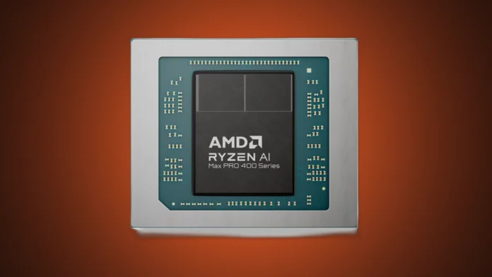 AMD Ryzen AI Max PRO 400 Series processor package isolated on a premium orange and charcoal radial gradient backdrop.