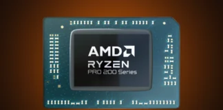 AMD Adds 11 New Hawk Point APUs to Ryzen 200 and 100 Lines Front view of the isolated AMD Ryzen PRO 200 Series processor chip package on a custom orange-amber gradient spotlight backdrop.