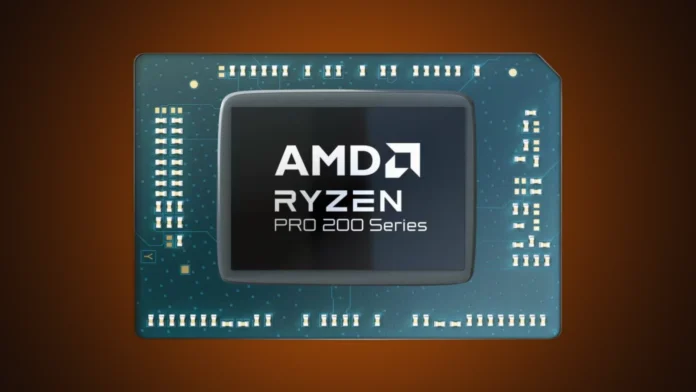 Front view of the isolated AMD Ryzen PRO 200 Series processor chip package on a custom orange-amber gradient spotlight backdrop.