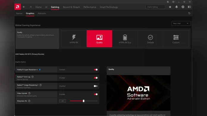Screenshot of the AMD Software Adrenalin Edition control panel interface under the Gaming and Graphics settings tab.