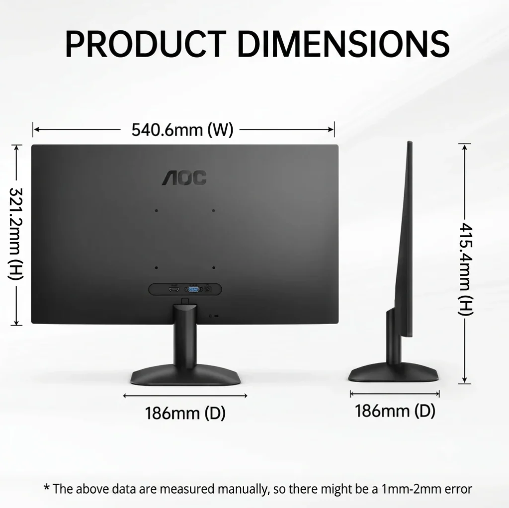 Rear and side view of the AOC 24B35XN monitor showing product dimensions, stand measurements, and connectivity layout.
